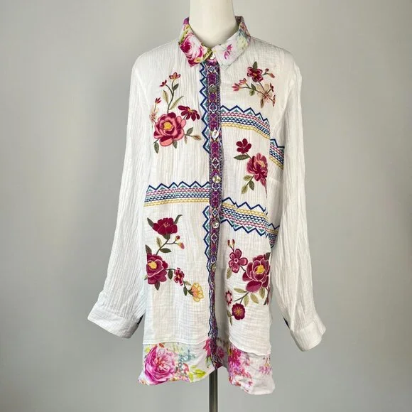 NWOT Coldwater Creek Floral Artful Embroidery Gauze Blouse Shirt Size 1X - Picture 2 of 16